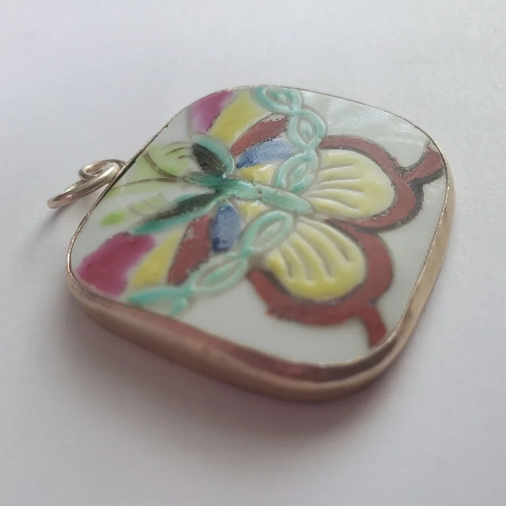 Vintage Hand Painted Porcelain Butterfly Pendant Square Silver Tone Charm Focal